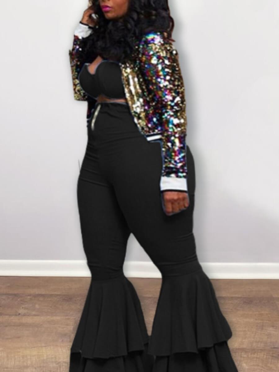 

Lovely Party Off The Shoulder Ruffle Design Black Plus Size Two-piece Pants Set