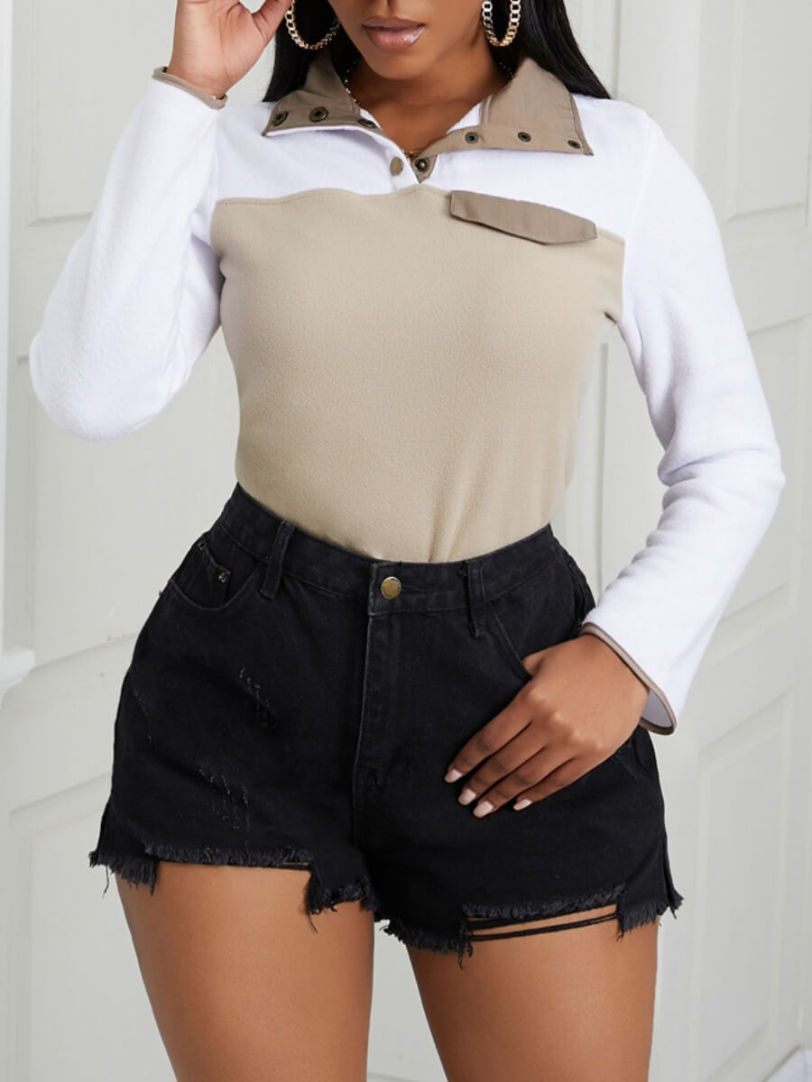 

Lovely Casual Shirt Collar Patchwork Khaki Blouse