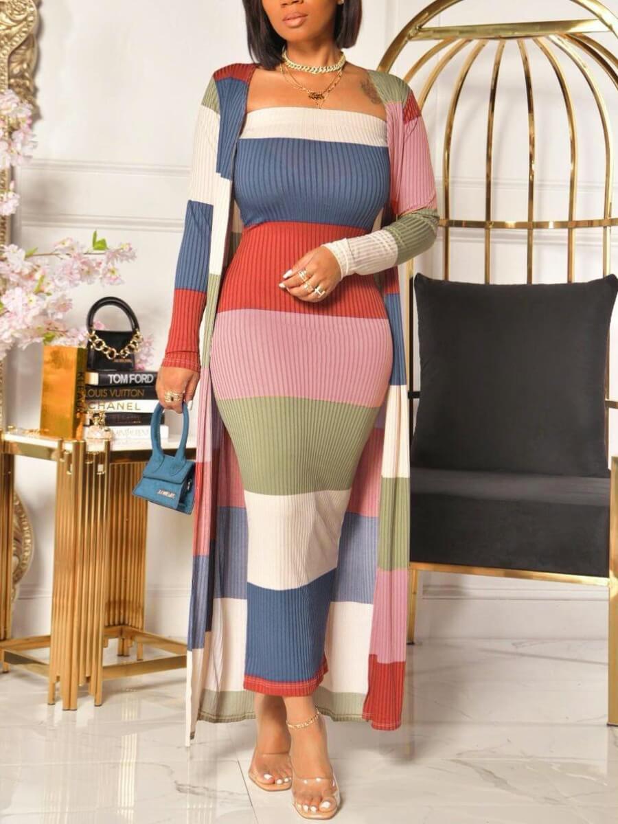 

Lovely Casual Color-lump Stitching Multicolor Two Piece Skirt Set, Multi