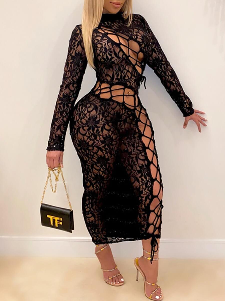 

Lovely Sexy Half A Turtleneck Hollow-out Black Ankle Length Dress