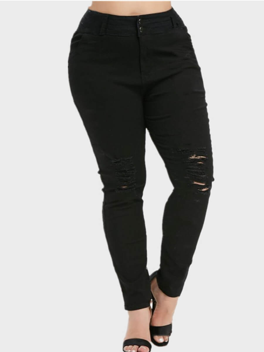 

Lovely Casual High-waisted Broken Holes Black Plus Size Jeans