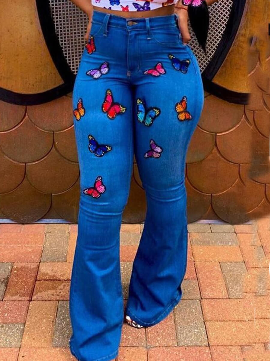 

Lovely Casual Butterfly Print Dark Blue Plus Size Jeans