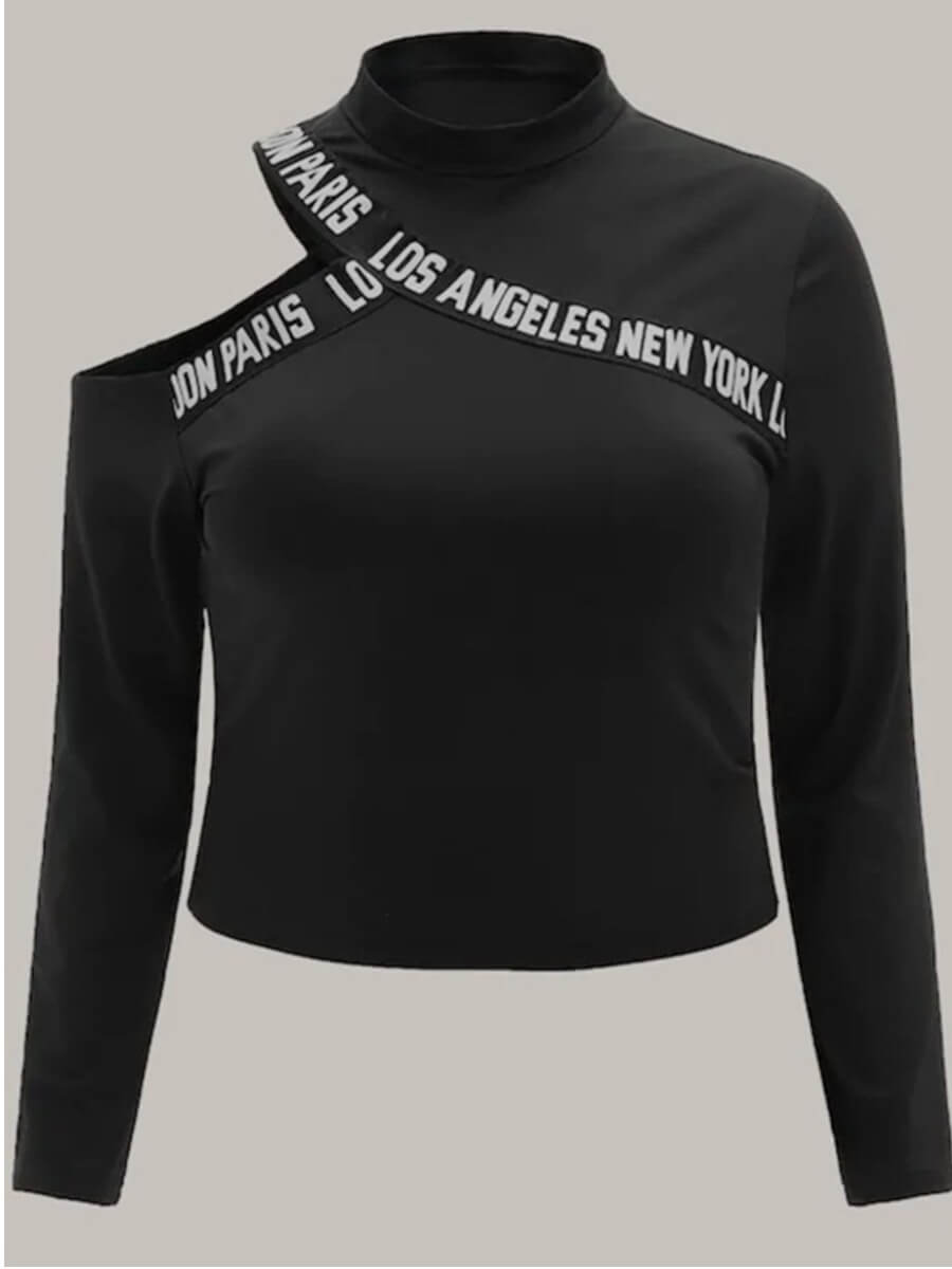 

Lovely Casual Letter Print Hollow-out Black Plus Size T-shirt