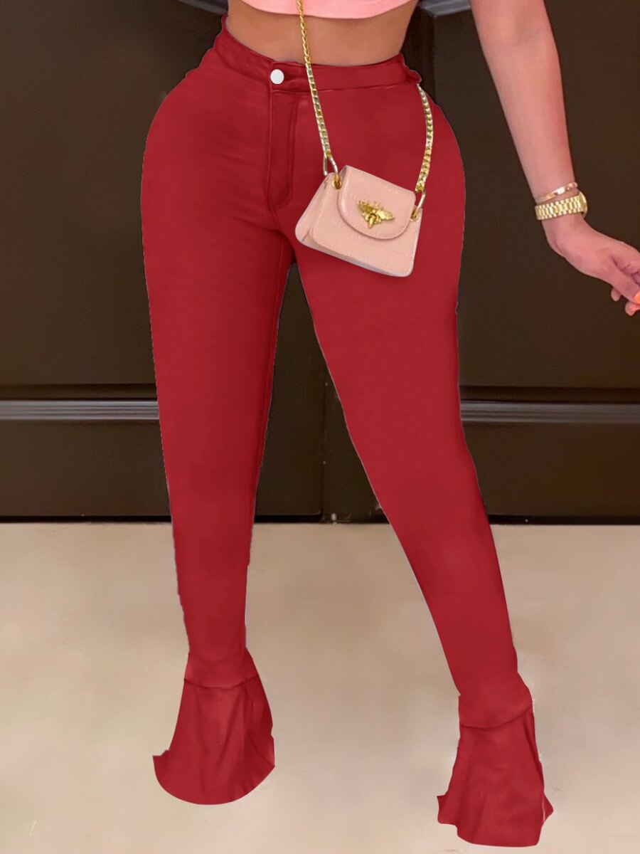 

Lovely Trendy High-waisted Flared Wine Red Jeans