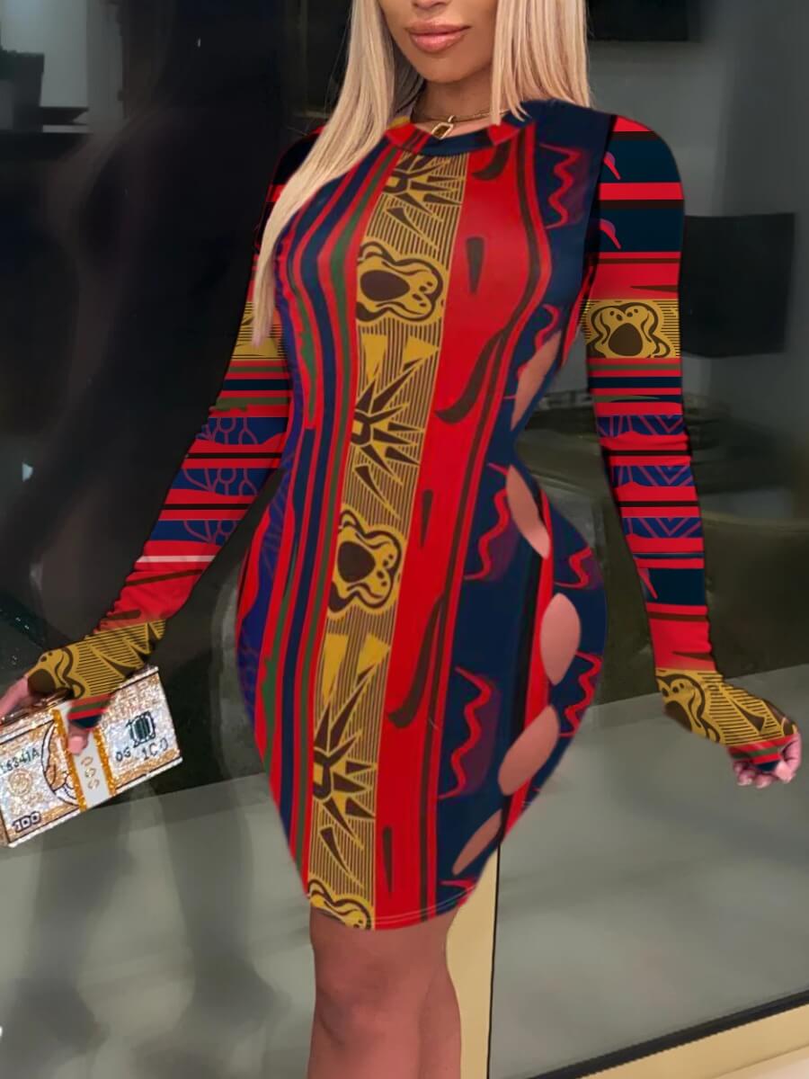 

Lovely Sexy Print Patchwork Hollow-out Red Mini Dress