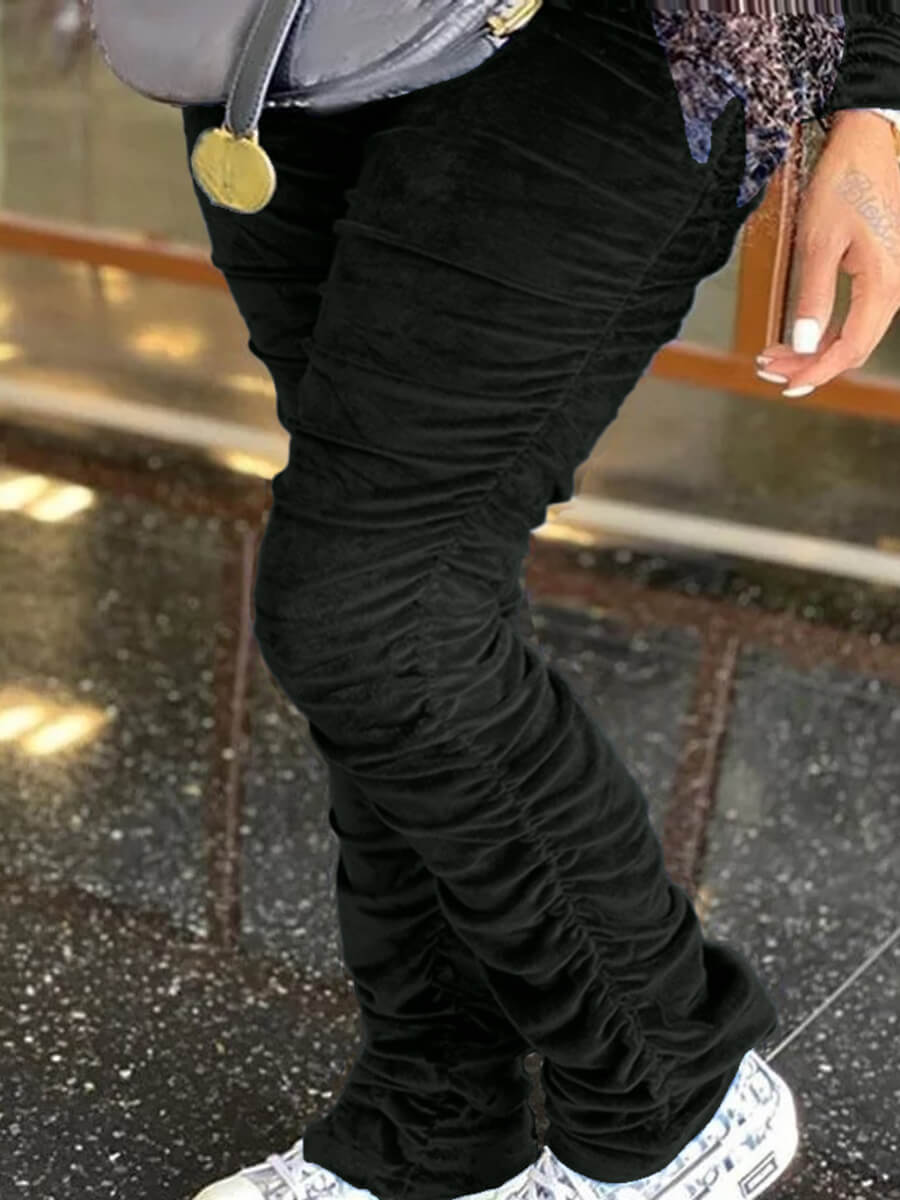 

Lovely Casual Mid Waist Fold Design Black Plus Size Pants