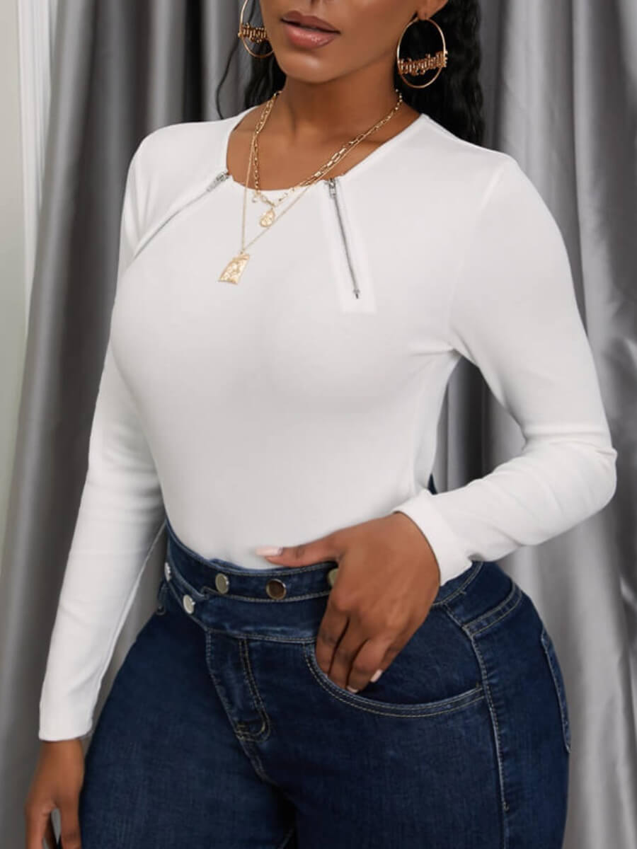 

Lovely Trendy O Neck Zipper Design White Plus Size T-shirt