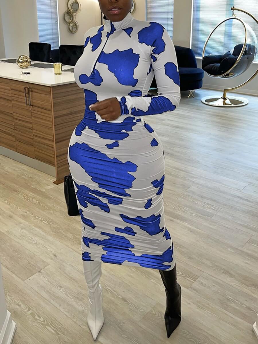 

Lovely Casual Mandarin Collar Tie-dye Blue Mid Calf Dress