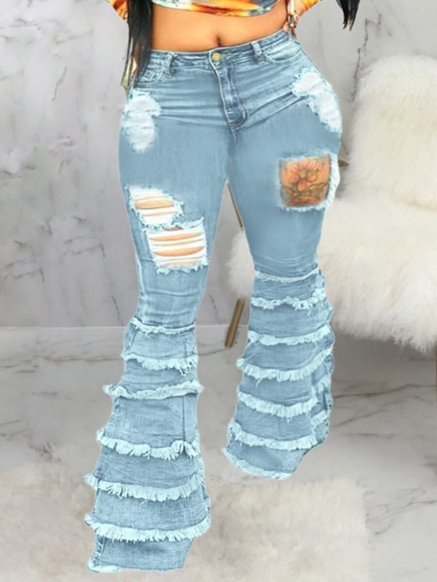 

Lovely Stylish Broken Holes Layered Cascading Blue Plus Size Jeans