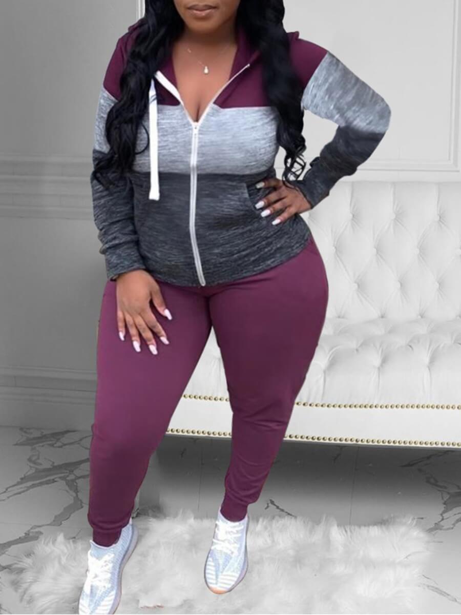 

Lovely Sportswear Striped Patchwork Zipper Design Purple Plus Size Two-piece Pants Set