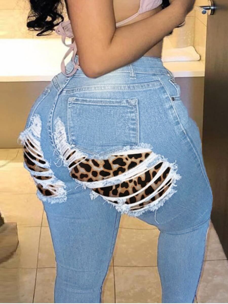 

LW Plus Size Casual Leopard Print Patchwork Blue Jeans