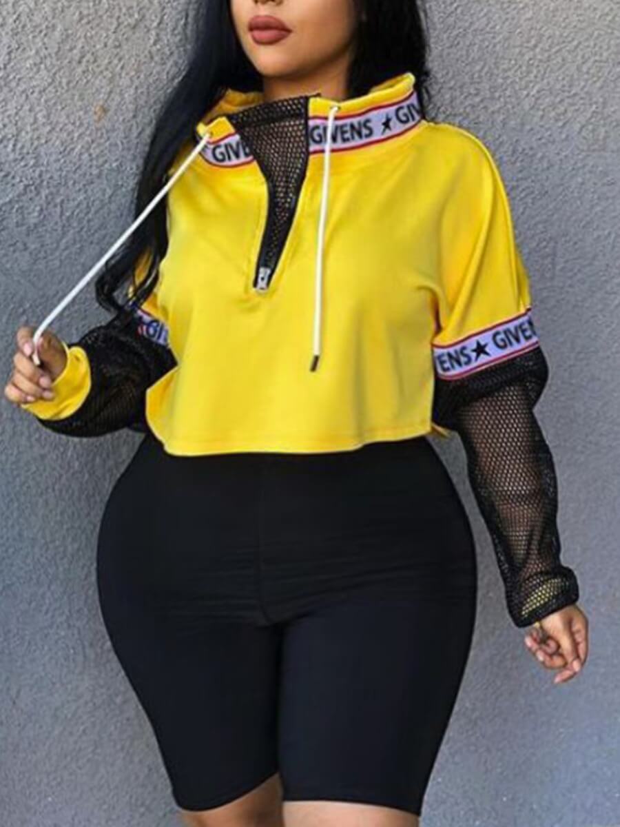 

Lovely Casual Letter Print Mesh Patchwork Yellow Plus Size Hoodie