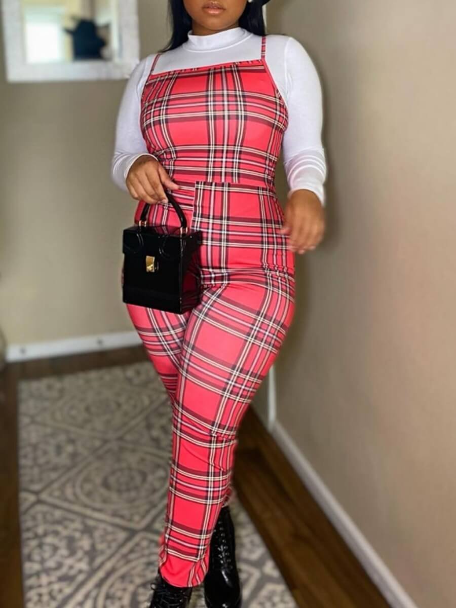 

Lovely Sweet Half A Turtleneck Plaid Print Red Two Piece Pants Set