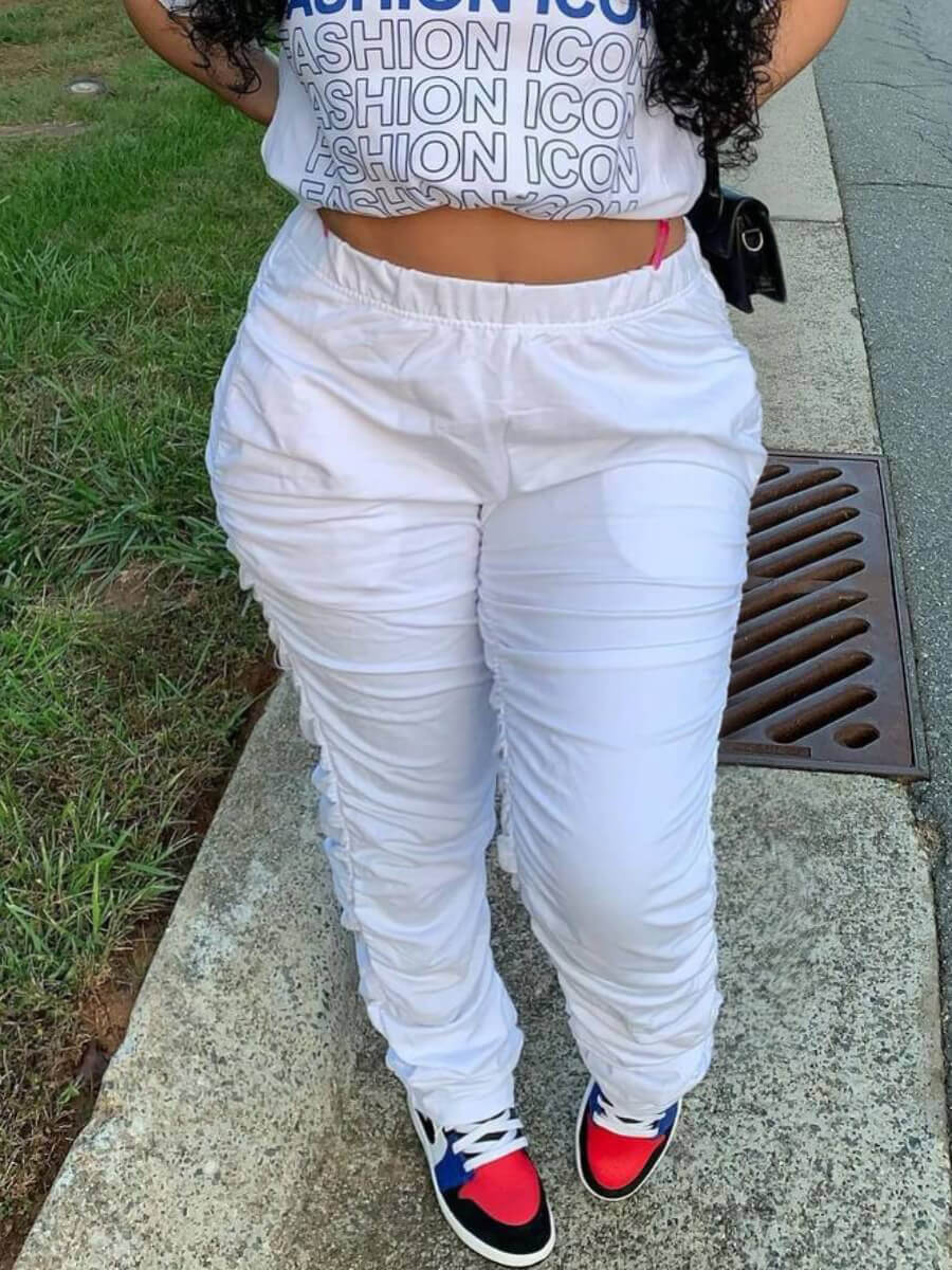 

Lovely Leisure Mid Waist Fold Design White Pants