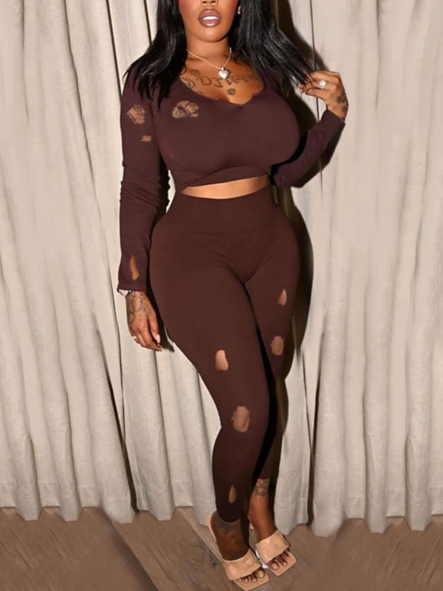 

Lovely Casual U Neck Broken Holes Brown Two Piece Pants Set
