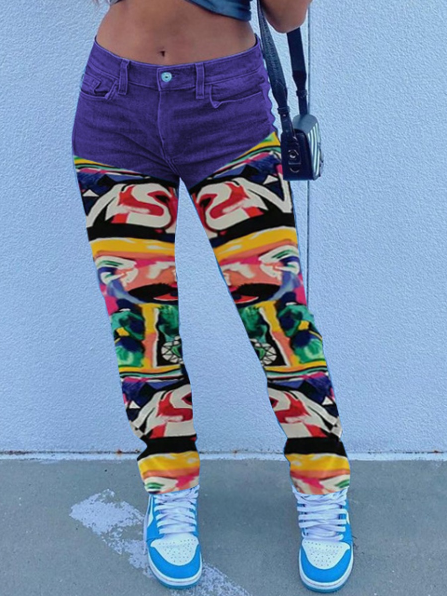 

Lovely Casual Mid Waist Print Patchwork Purple Jeans