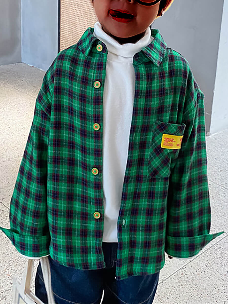 

Lovely Trendy Plaid Print Patchwork Green Boy Shirt