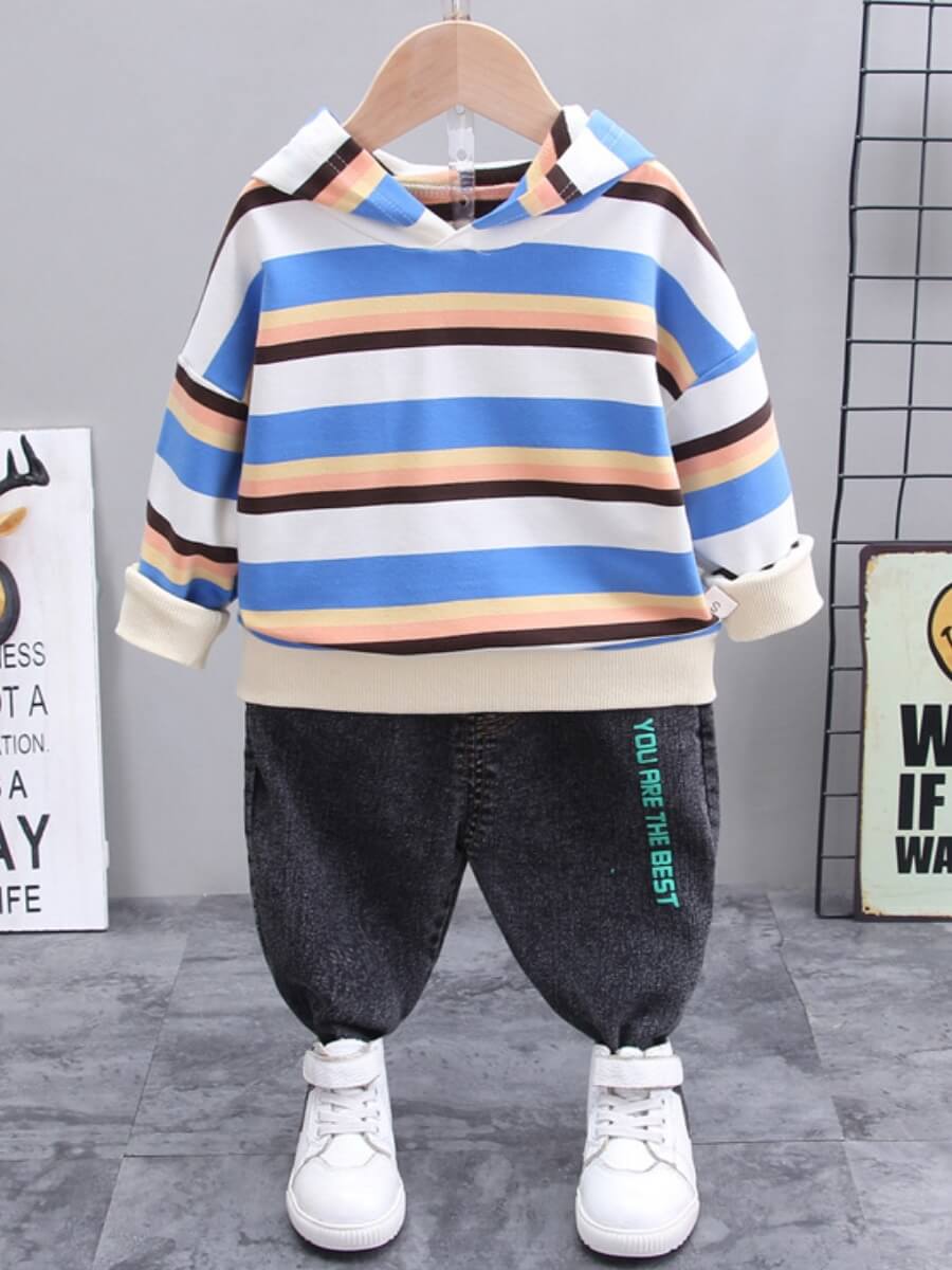

Lovely Casual Hooded Collar Striped Patchwork Blue Boy Two Piece Pants Set, Blue stripe