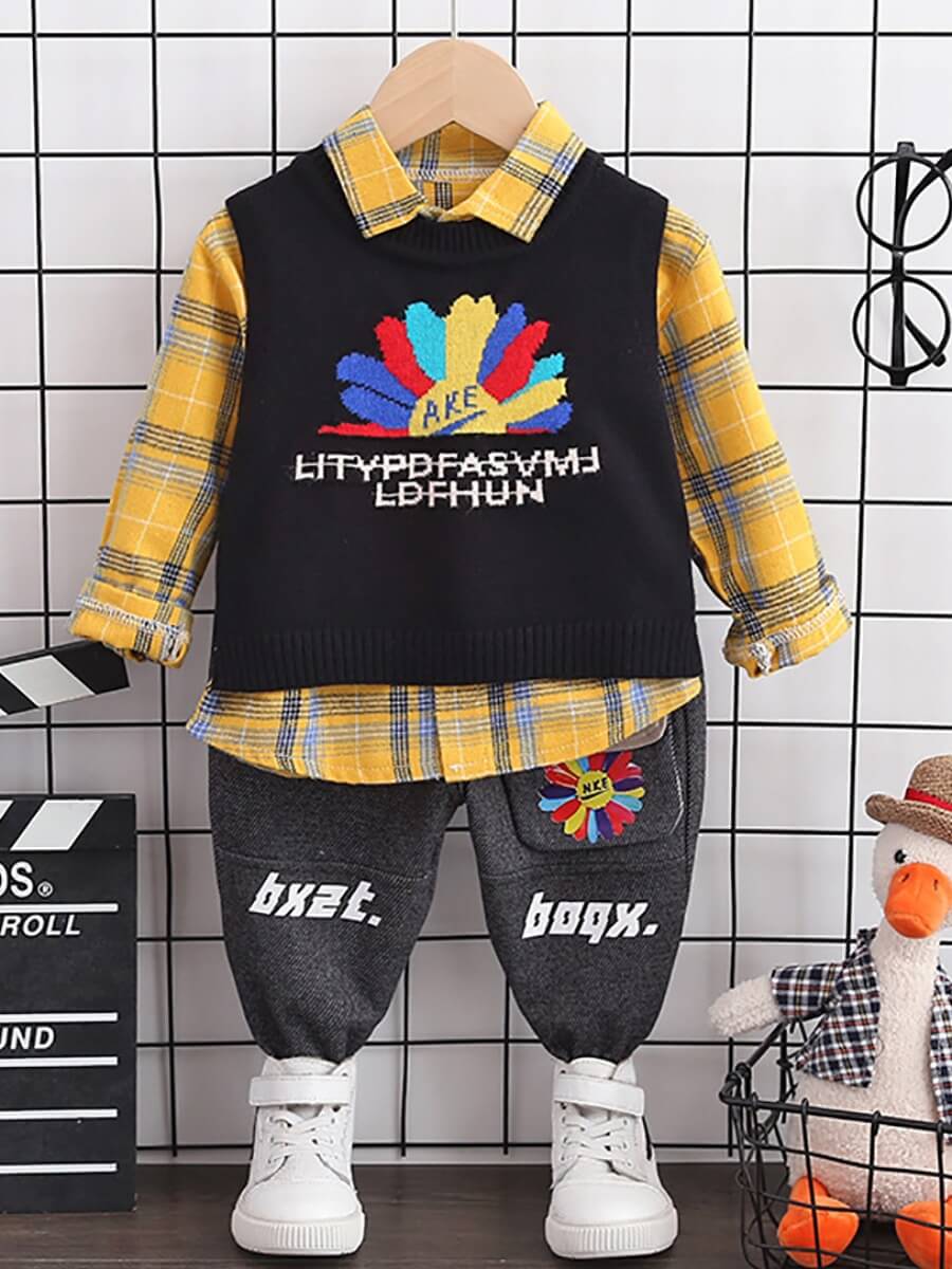 

Lovely Stylish Plaid Letter Print Patchwork Black Boy Two Piece Pants Set