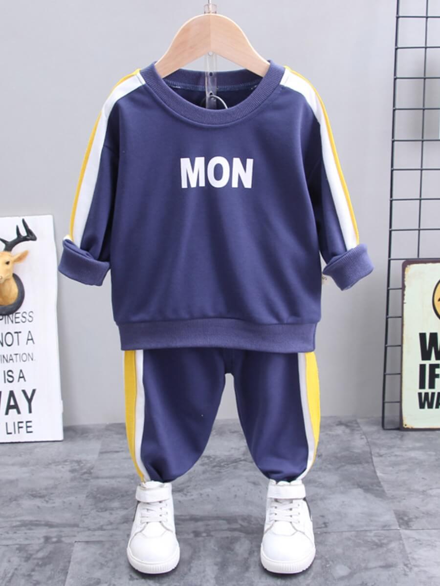 

Lovely Sportswear Letter Print Striped Patchwork Dark Blue Boy Two Piece Pants Set