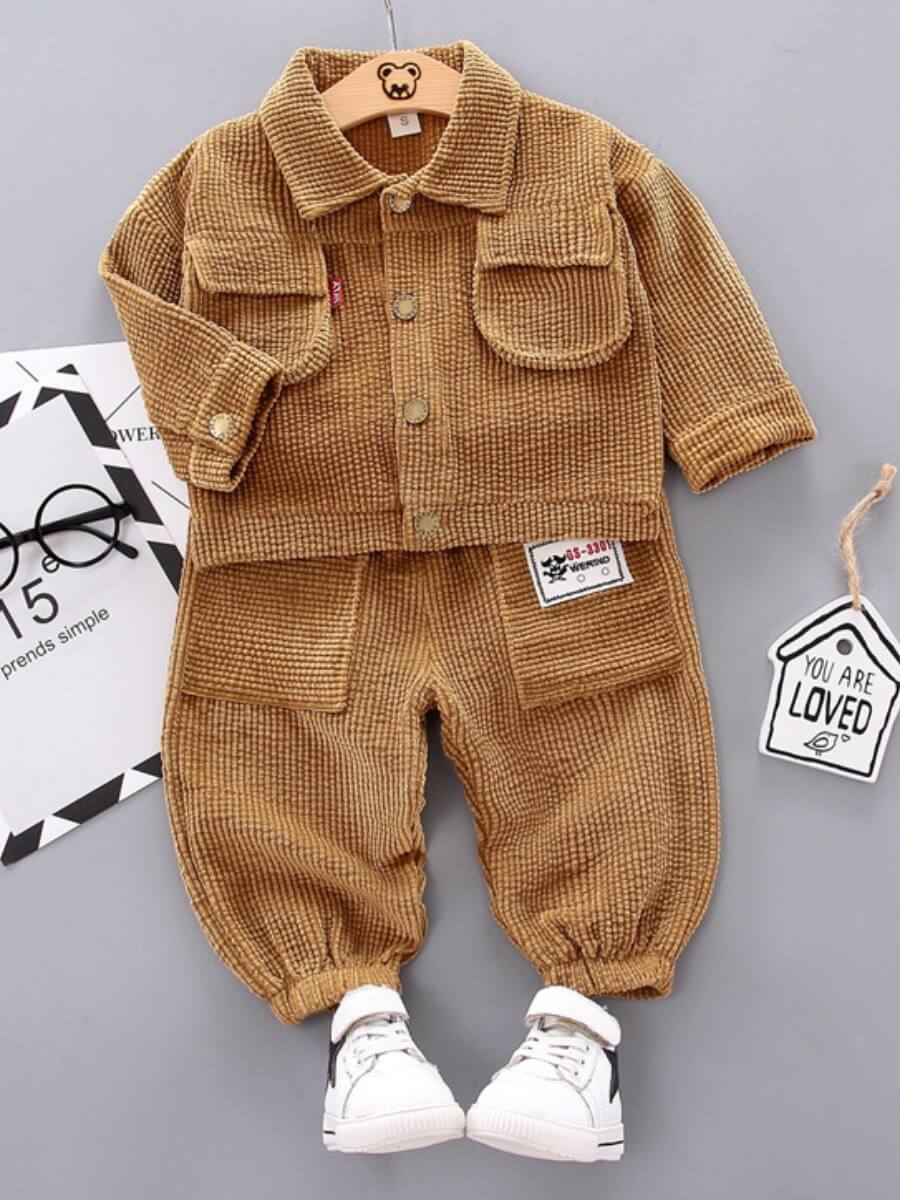 

Lovely Trendy Button Pocket Design Brown Boy Two Piece Pants Set