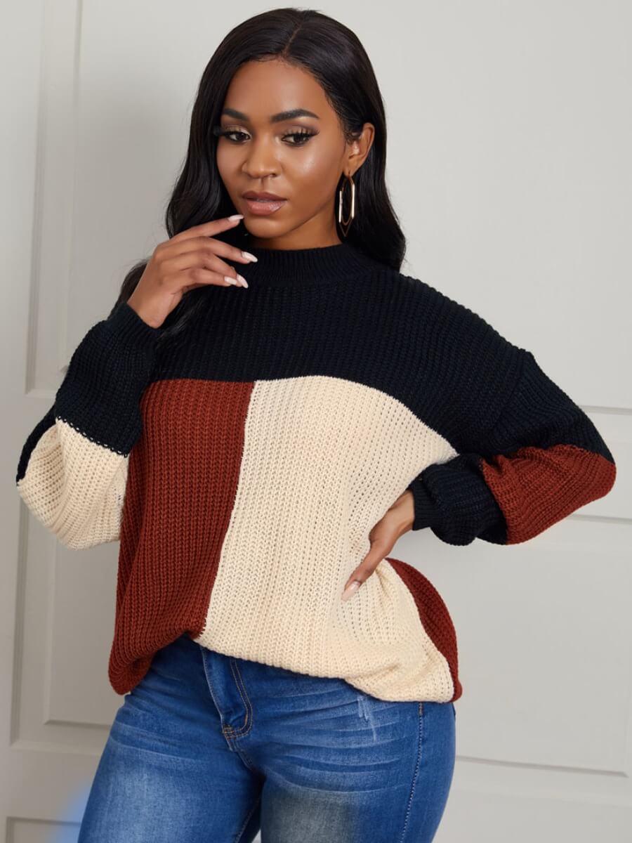 

Lovely Sweet Dropped Shoulder Color-lump Patchwork Multicolor Sweater, Multi