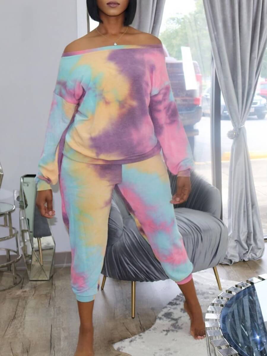 

Lovely Casual Off The Shoulder Tie-dye Dusty Pink Plus Size Two-piece Pants Set