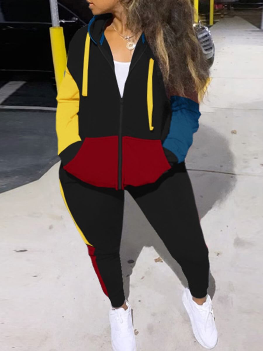 

Lovely Sportswear Hooded Collar Color-lump Stitching Black Plus Size Two-piece Pants Set
