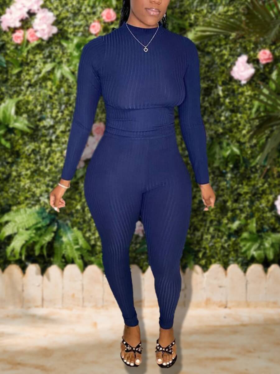 

Lovely Casual O Neck Basic Skinny Blue Plus Size Two-piece Pants Set