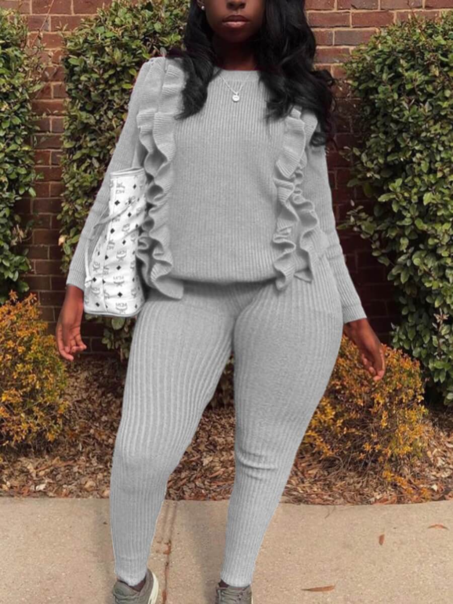 

Lovely Sweet O Neck Flounce Design Grey Plus Size Two-piece Pants Set