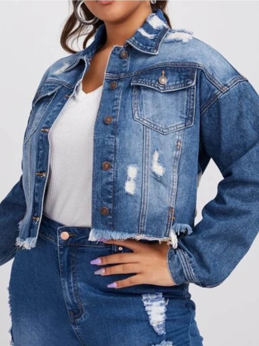 

Lovely Street Turndown Collar Raw Edge Blue Denim Jacket