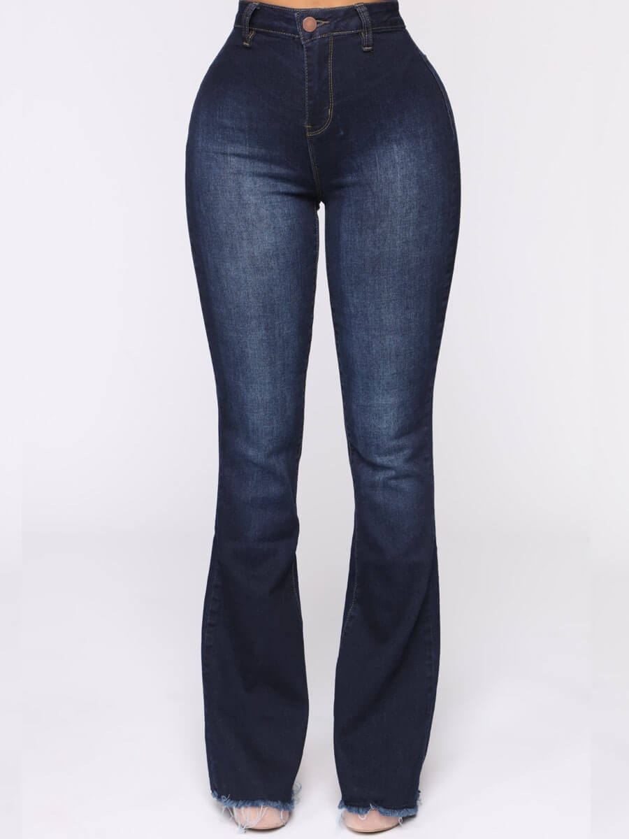 

Lovely Trendy High-waisted Flared Raw Edge Deep Blue Jeans