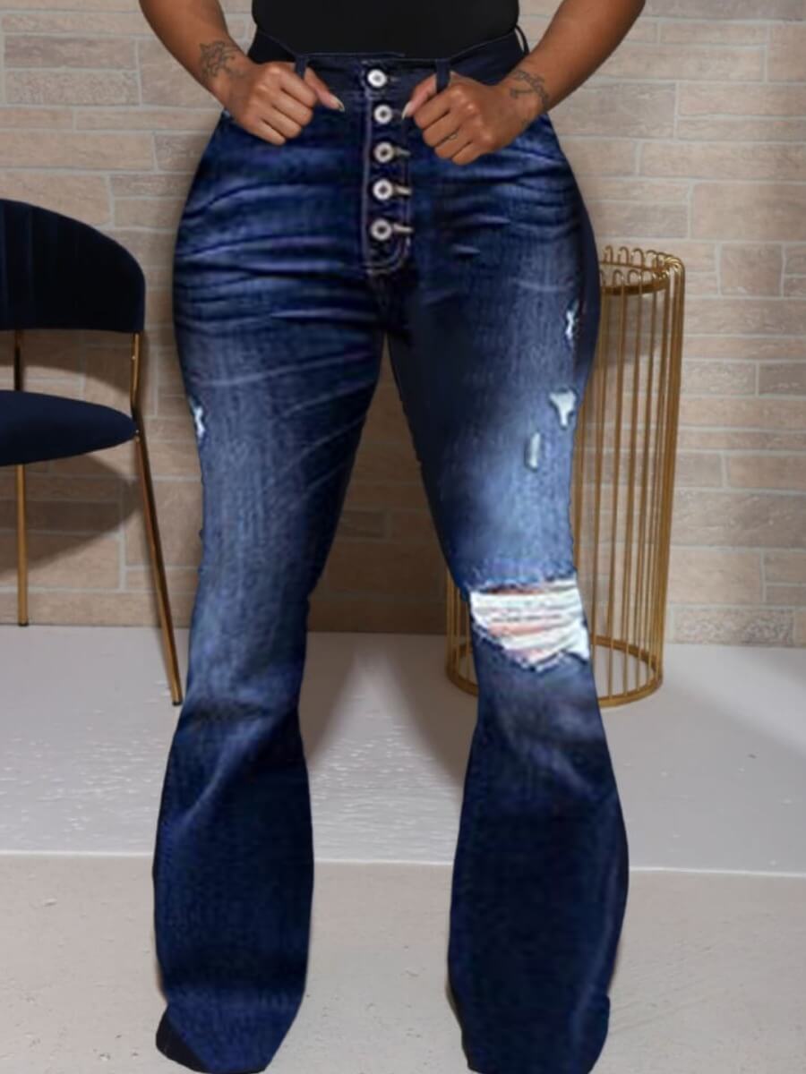 Lovely Casual Flared Broken Holes Deep Blue Jeans