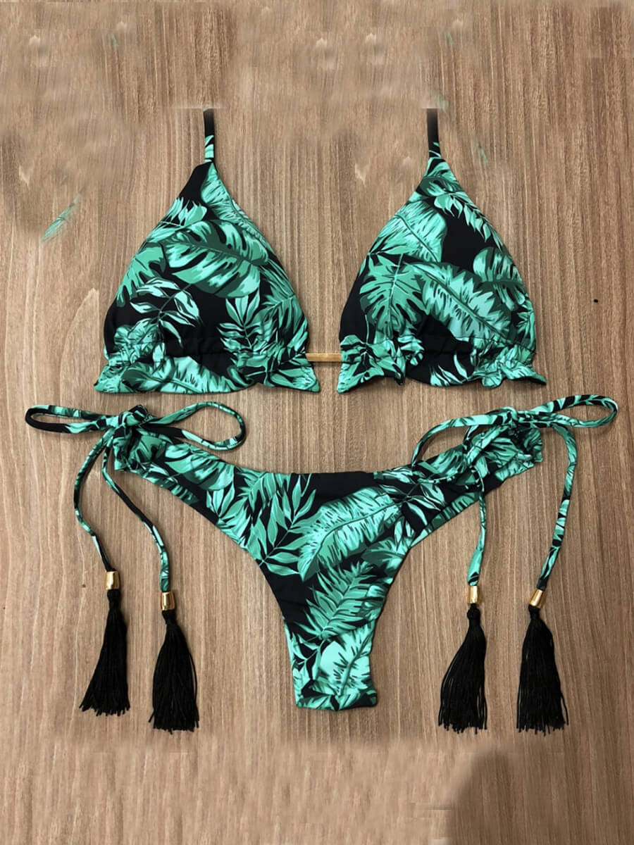 

Lovely Sweet Leaf Print Tassel Design Green Two-piece Swimsuit