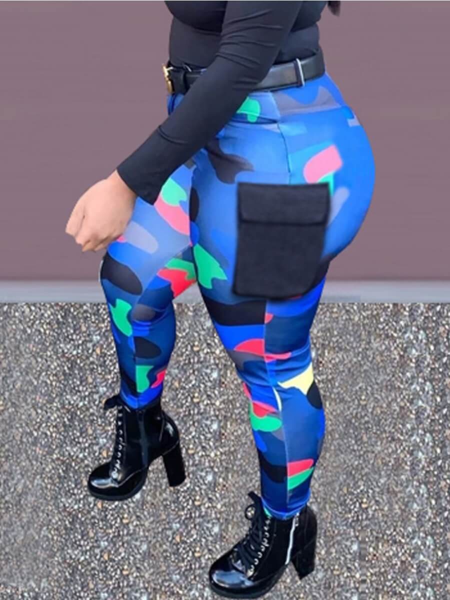 

Lovely Street High-waisted Print Blue Plus Size Pants(Without Belt