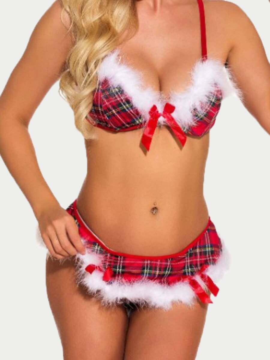 

Lovely Sexy Christmas Day Plaid Print Red Bra Sets