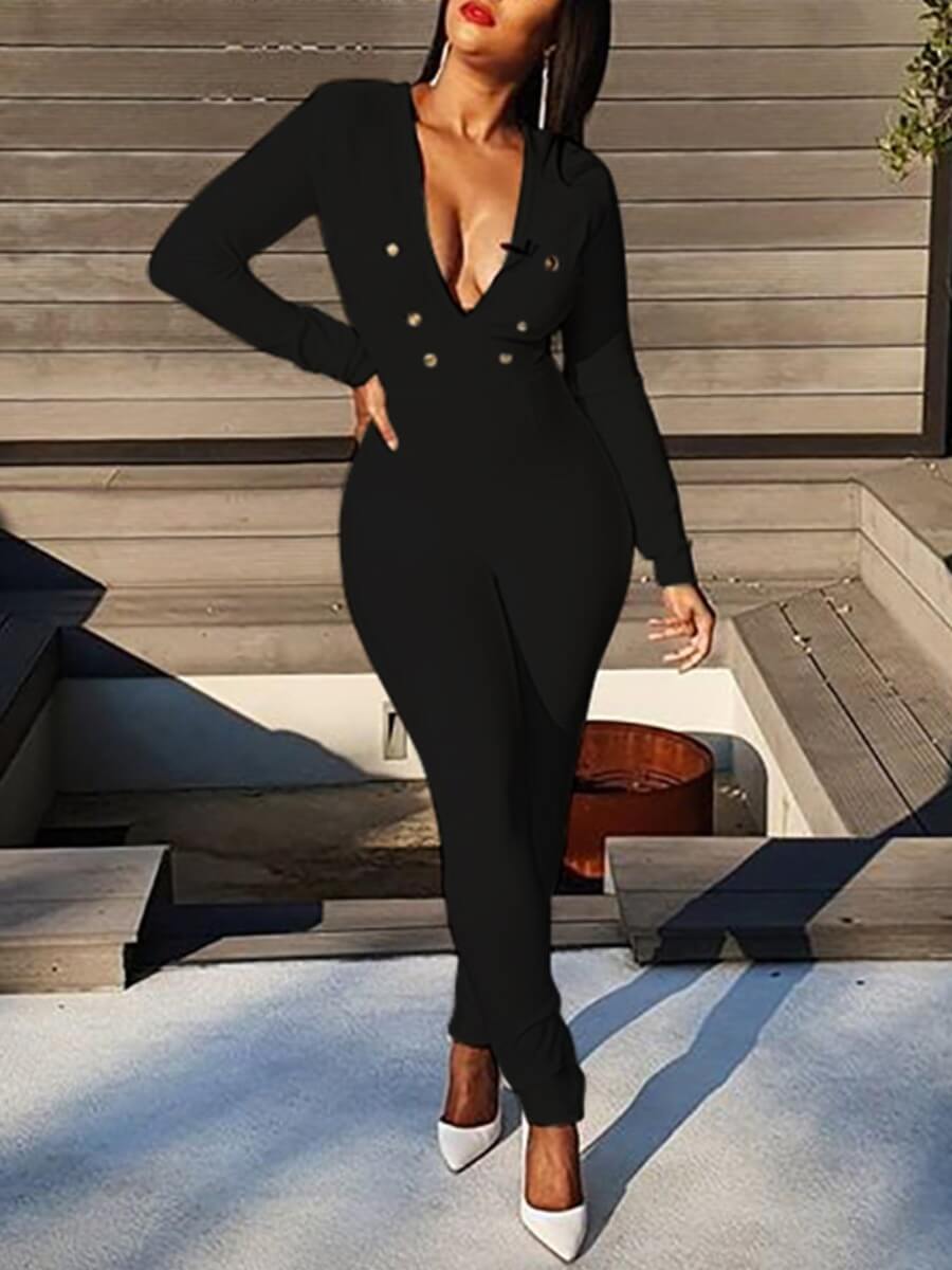 

Lovely Party Deep V Neck Button Design Black One-piece Jumpsuit