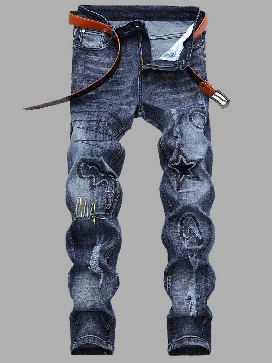 

Lovely Street Star Print Patchwork Baby Blue Men Jeans