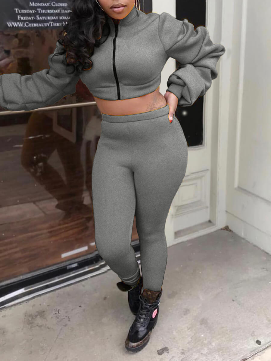 

Lovely Street Zipper Fold Design Grey Two Piece Pants Set
