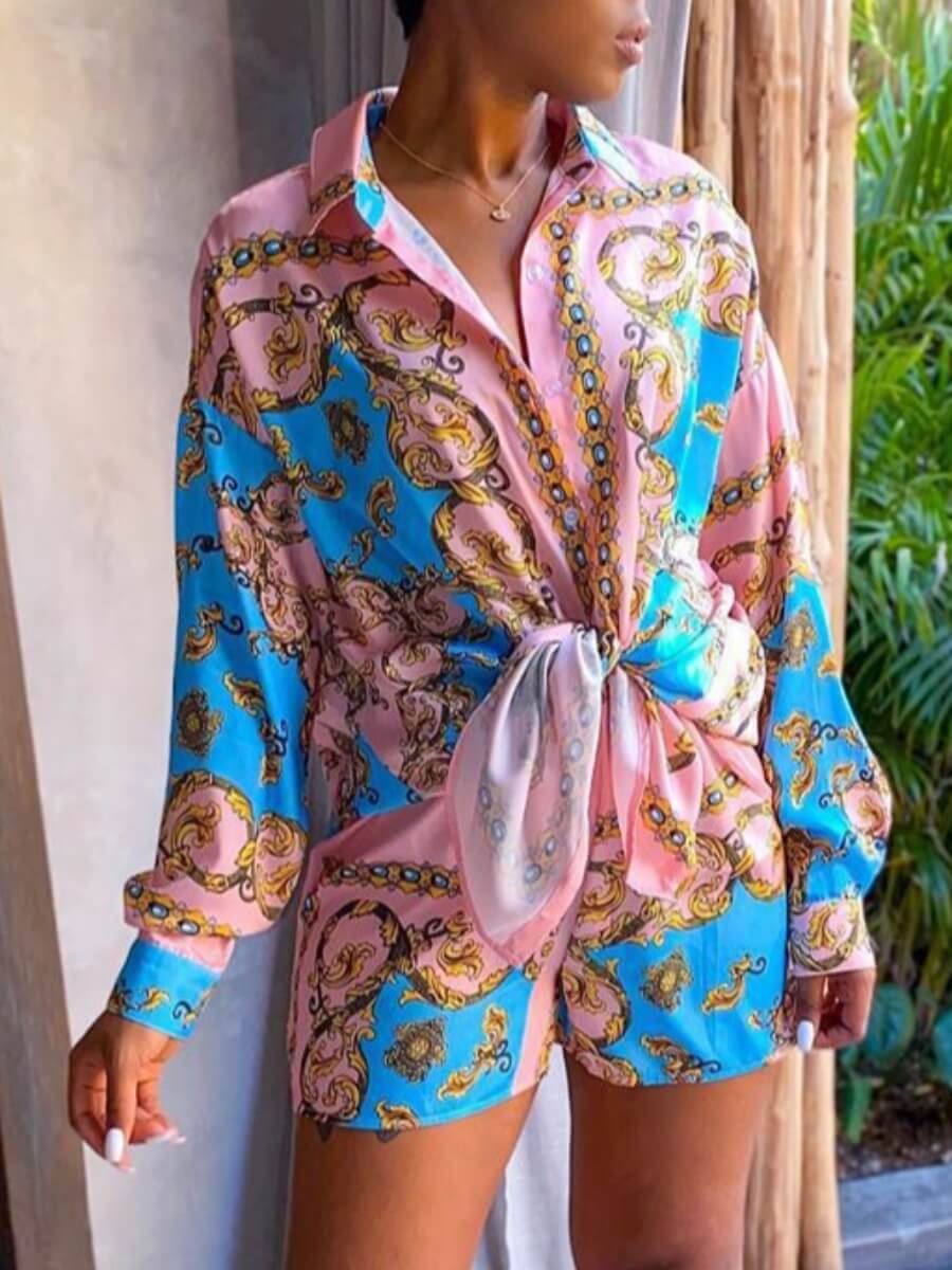 

Lovely Stylish Print Patchwork Pink Two Piece Shorts Set