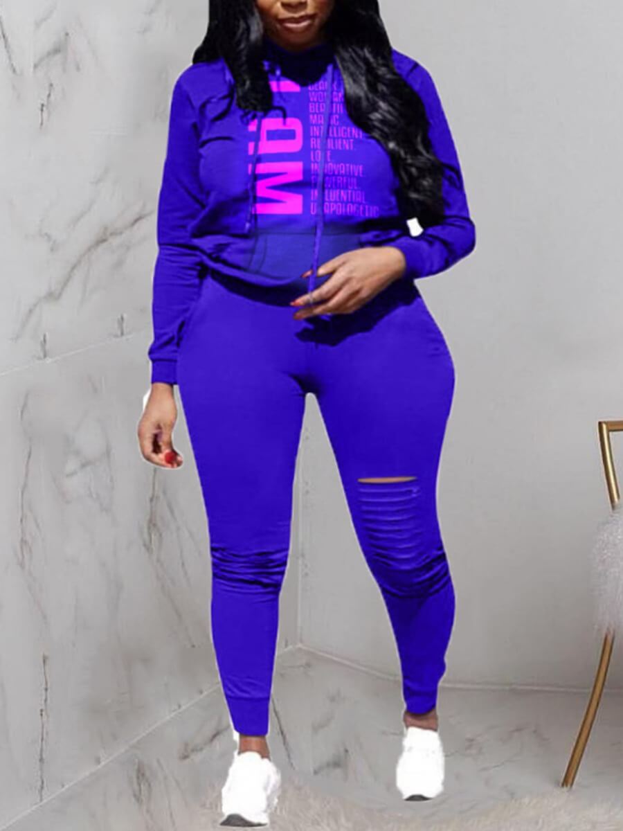 

Lovely Street Letter Print Ripped Royalblue Two Piece Pants Set