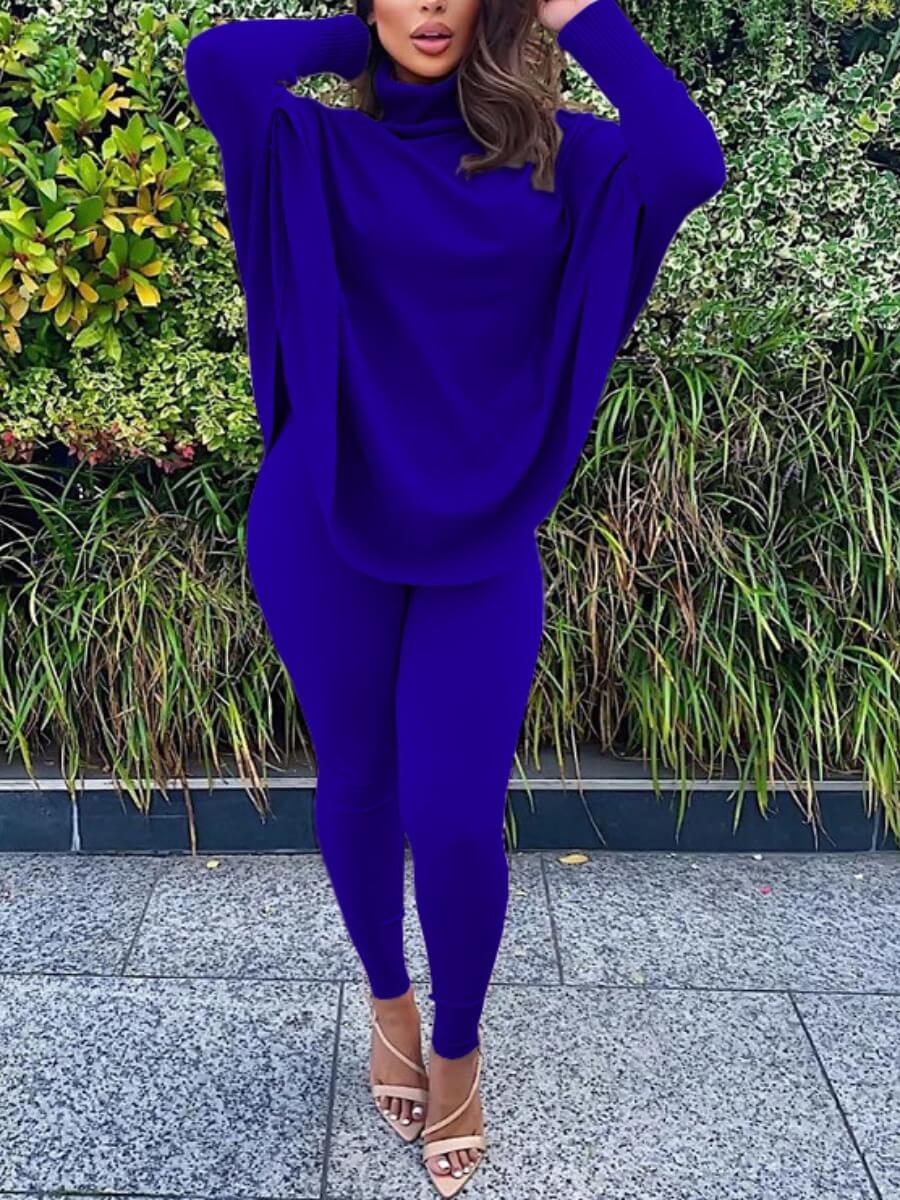 

Lovely Casual Turtleneck Loose Blue Two Piece Pants Set