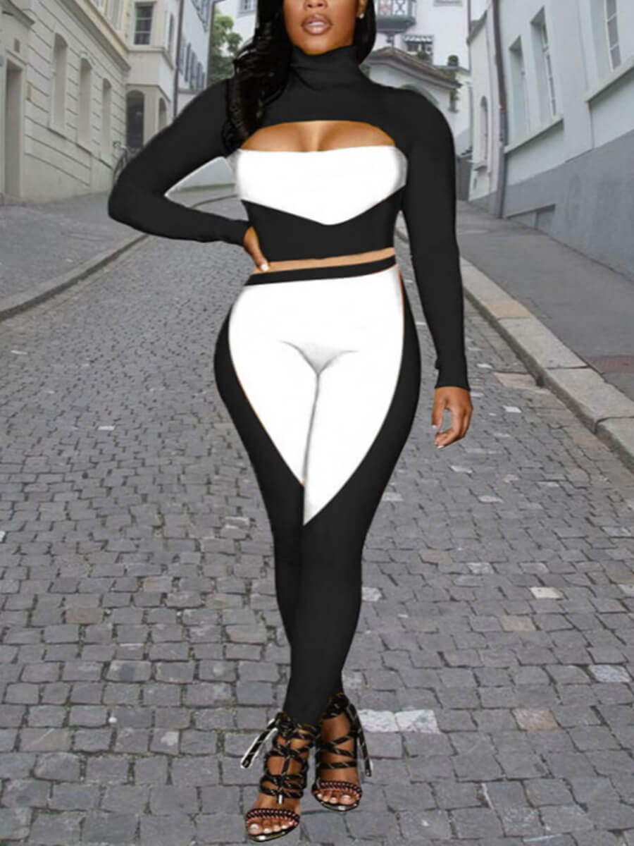 

Lovely Sweet Color-lump Patchwork Hollow-out Black Two Piece Pants Set