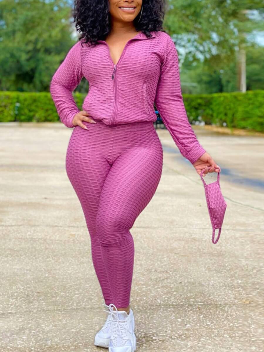 

Lovely Sportswear Turndown Collar Zipper Design Violet Two Piece Pants Set(Without Mask)