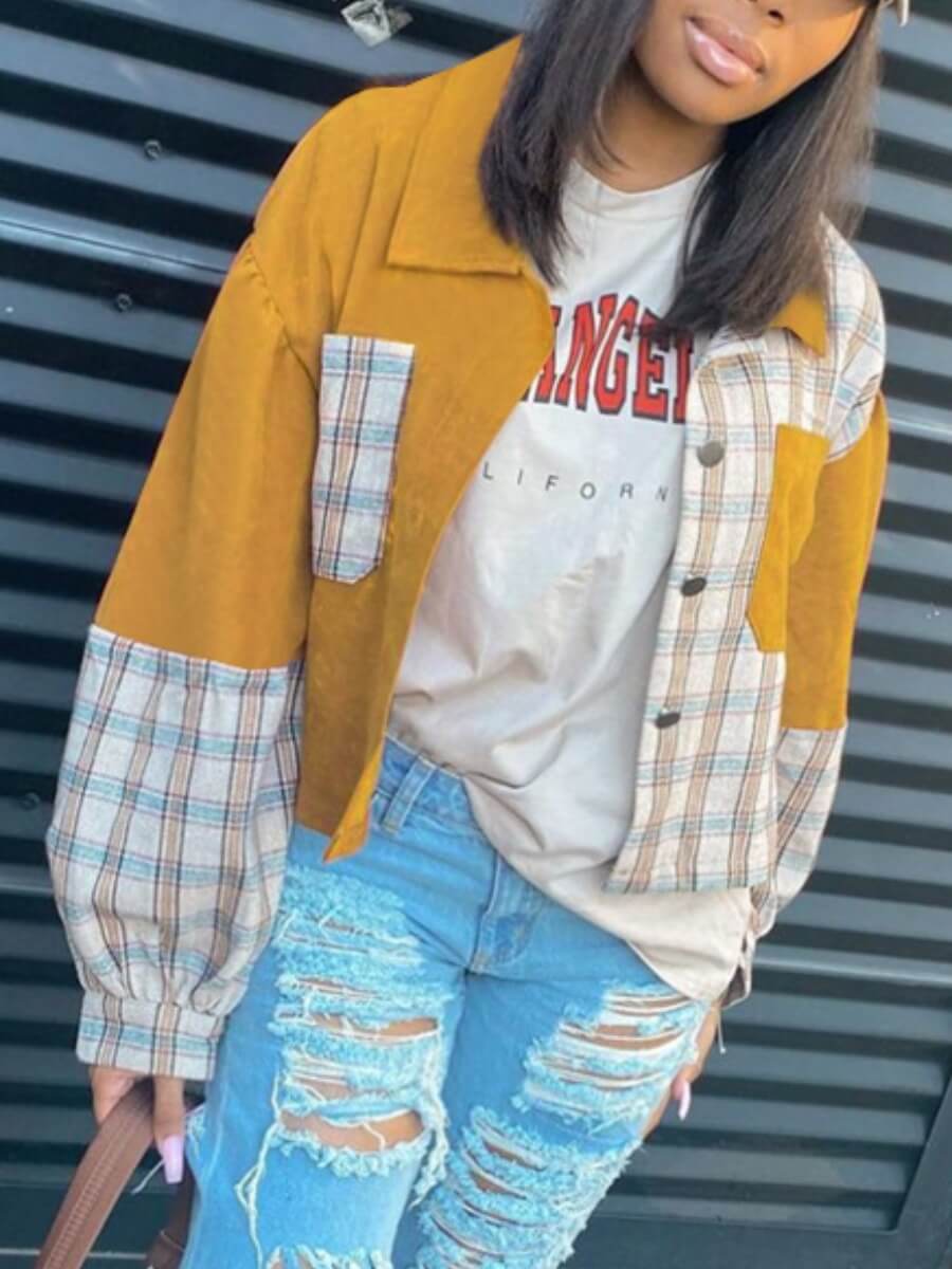 

Lovely Casual Plaid Print Patchwork Yellow Coat