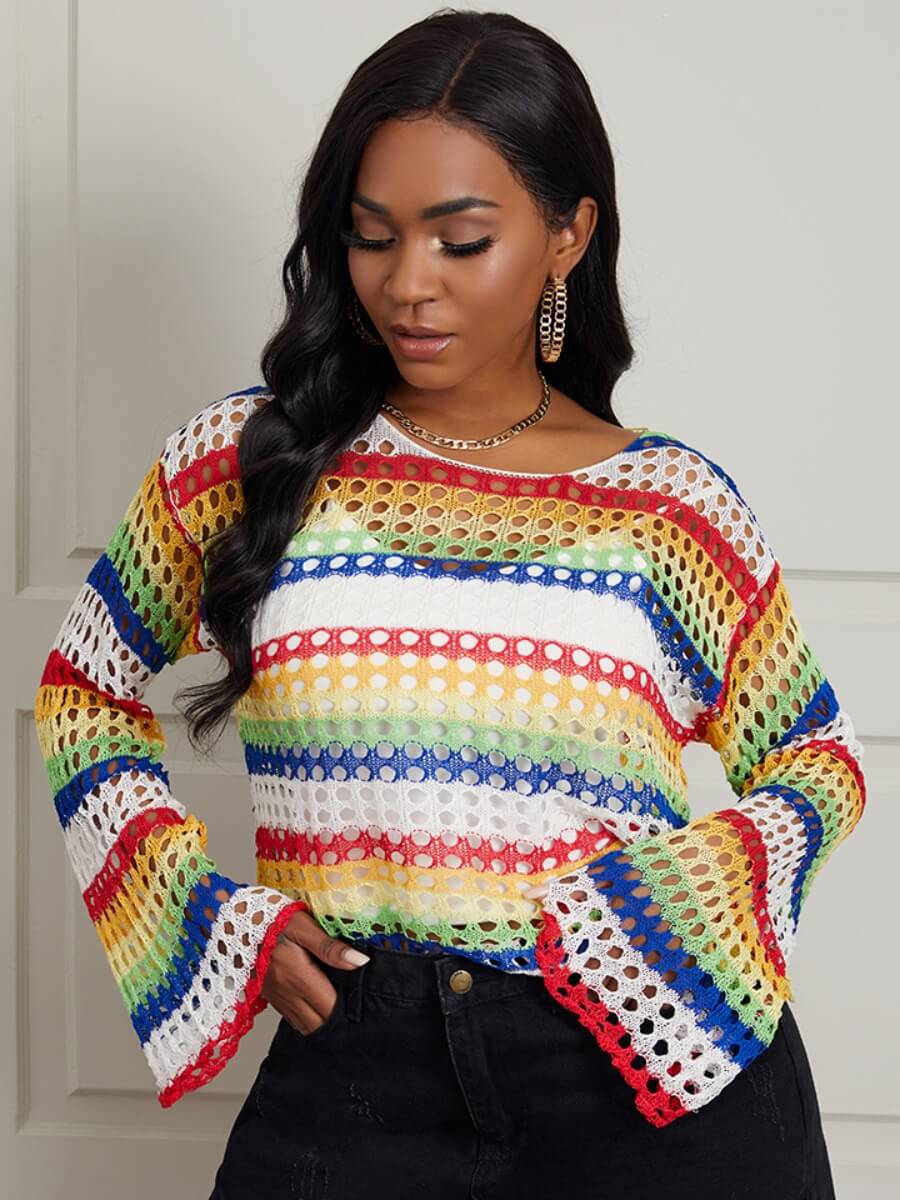 

Lovely Sweet Striped Flared Hollow-out Multicolor Sweater, Multi