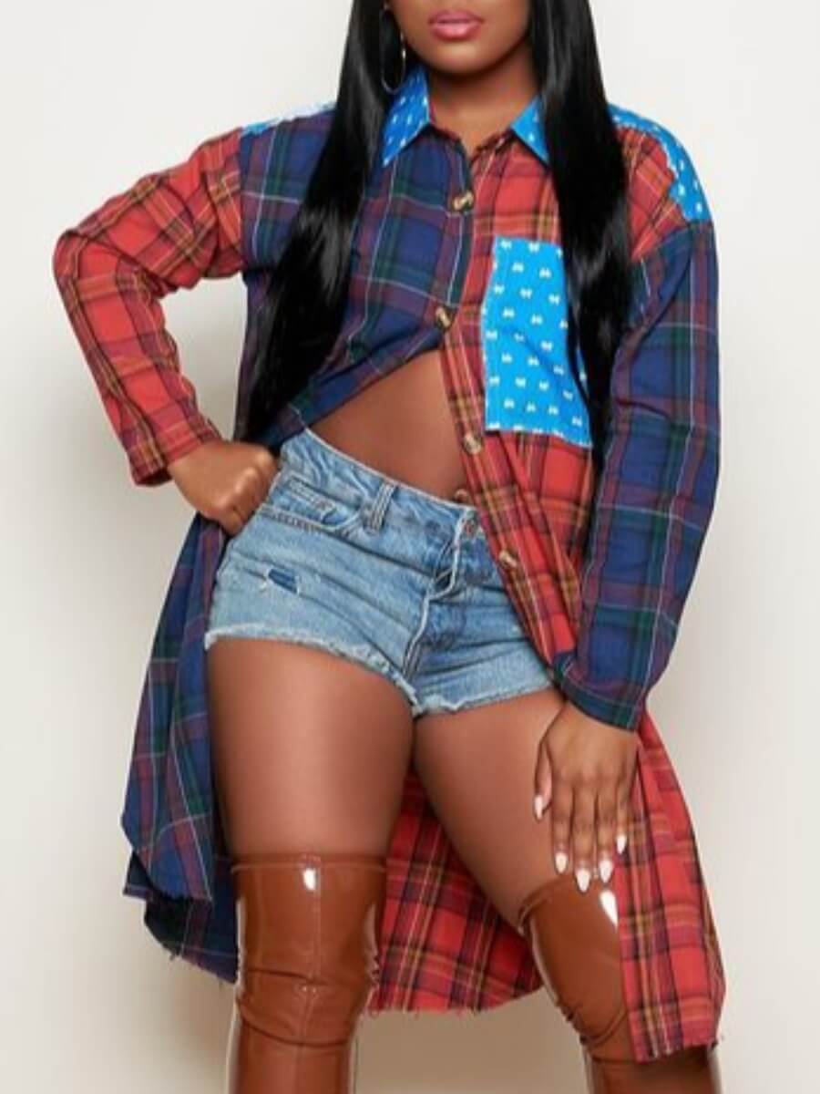 

Lovely Casual Plaid Print Patchwork Red Blouse