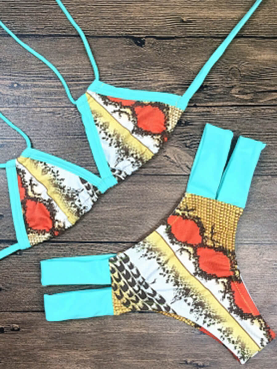 

Lovely Sexy Bandage Hollow-out Design Patchwork Multicolor Two-piece Swimsuit, Multi