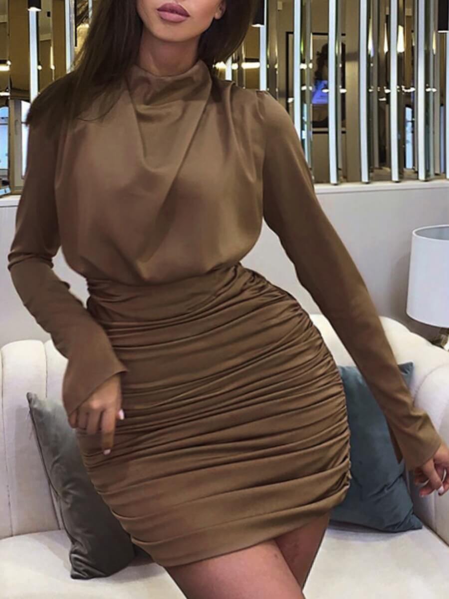 

Lovely Chic Half A Turtleneck Fold Design Coffee Mini Dress