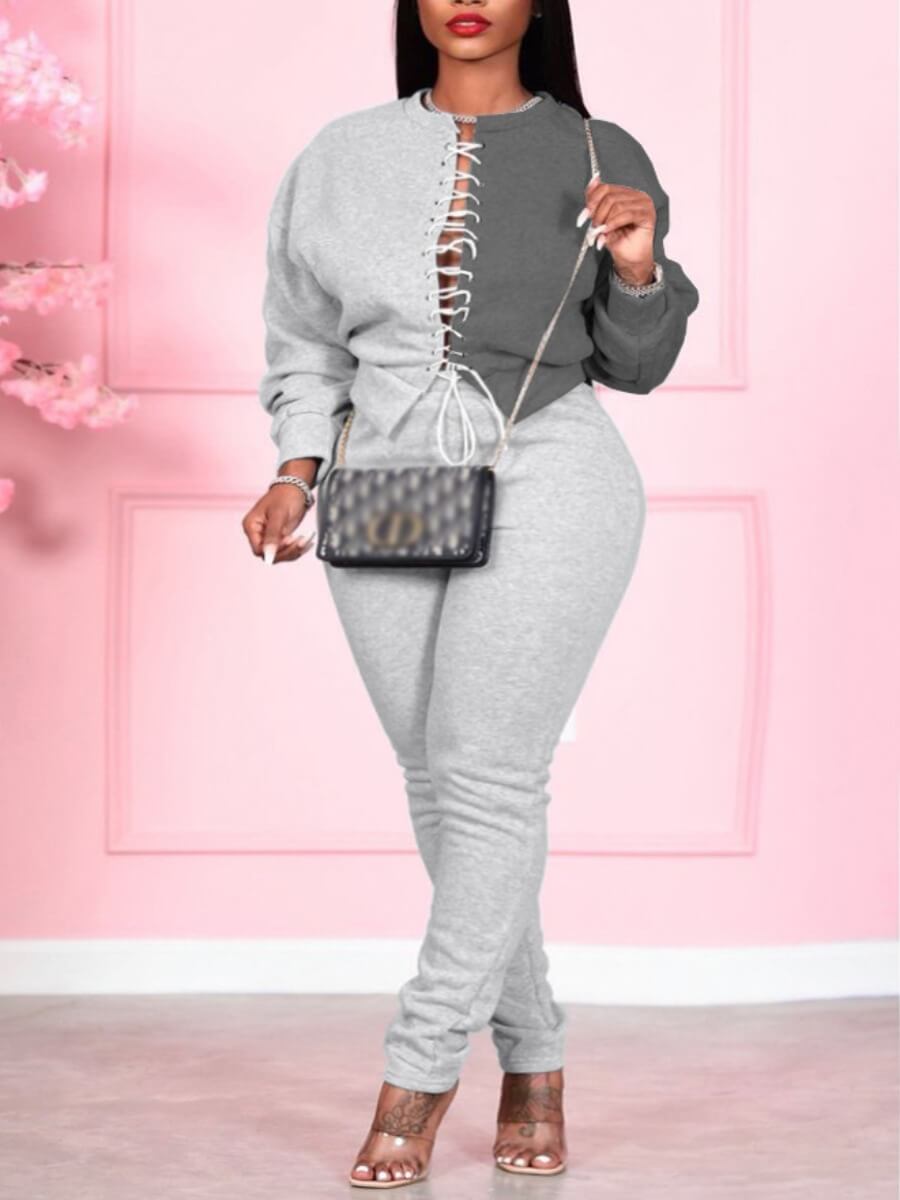 

LW Street Bandage Hollow-out Design Patchwork Grey Two Piece Pants Set